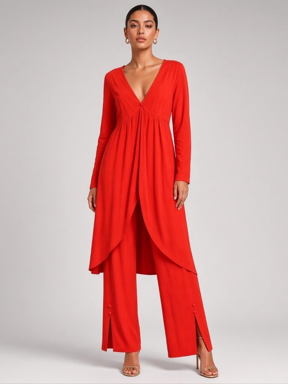 Ashro Red 2-Piece Pants Set Size M Wide Leg Draped Top & Pants